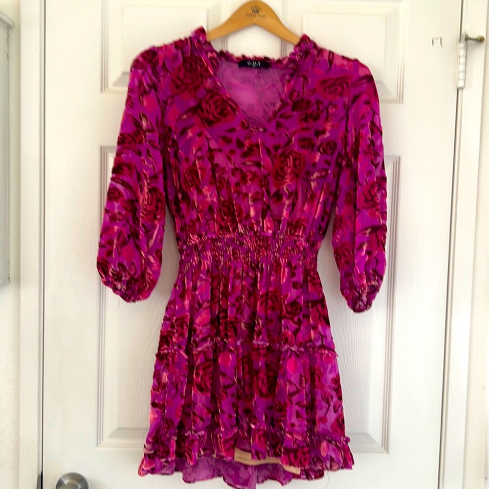 Pink velvet rose mini dress with full slip